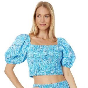 NEW Lilly Pulitzer Aston Amalfi Blue Smocked Cropped Puff Sleeve Top Size Medium